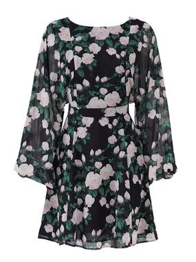Black Floral Long-Sleeve Mini Dress with Green Leaves